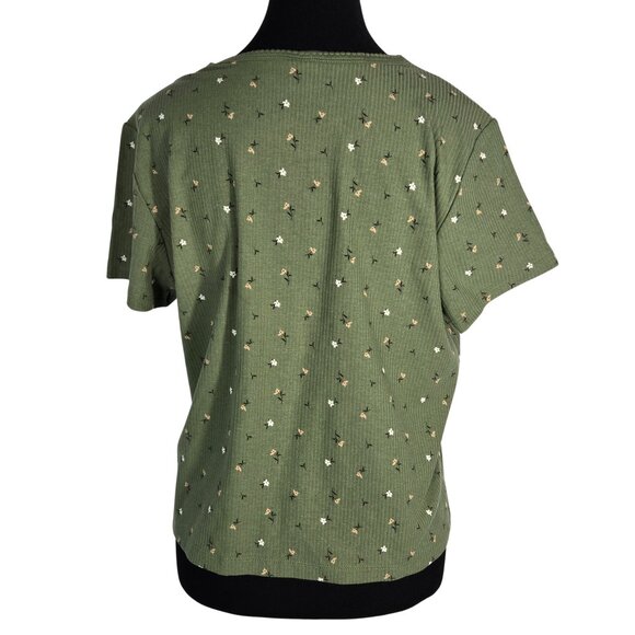 NWOT | Olive Green Floral Print Ribbed Knit Crewneck T-Shirt | XLarge - Picture 2 of 6